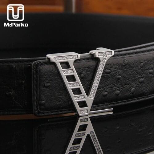 McParko Men Leather Luxury Belt Real Ostrich Leather Belt Men Genuine Leather Waist Strap Luxury Style Letter V Jeans Belt Long