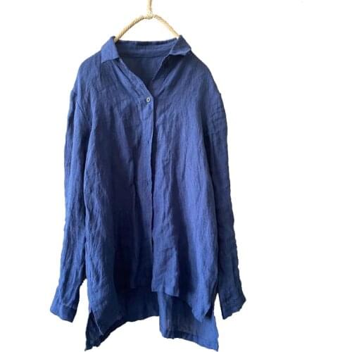 Women linen Spring Autumn Solid COlor Simple Blouse shirt Tops Ladies Vintage Irregular Length Flax Shirt Tops 2020