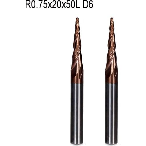 2pc R0.75*D6*20*50L*2F HRC55 Tungsten solid carbide Coated Tapered Ball Nose End Mills taper and cone milling cutter