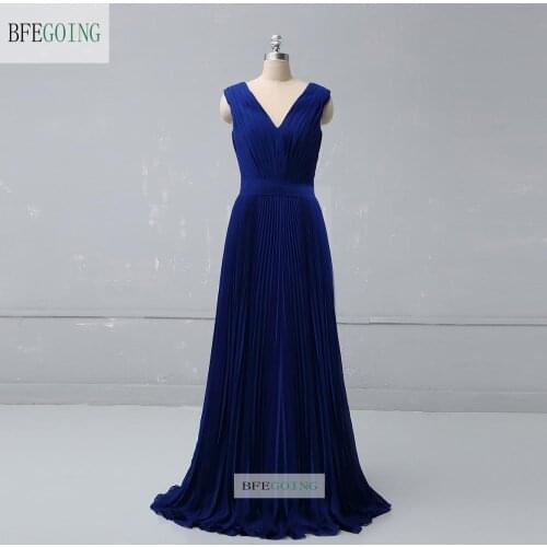 Royal Blue Chiffon V-Neck Sleeveless Floor -length A-line Mother of the bride dress Custom made