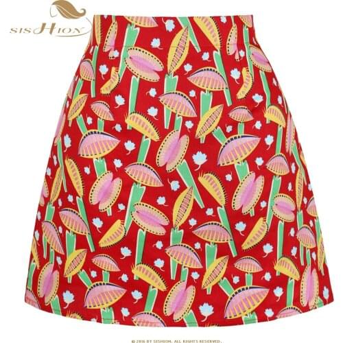 SISHION Women Summer Mini Skirt SS0008 2021 Ladies Vintage High Waist A Line Cotton Red Flower Print Bodycon Sexy Short Skirt