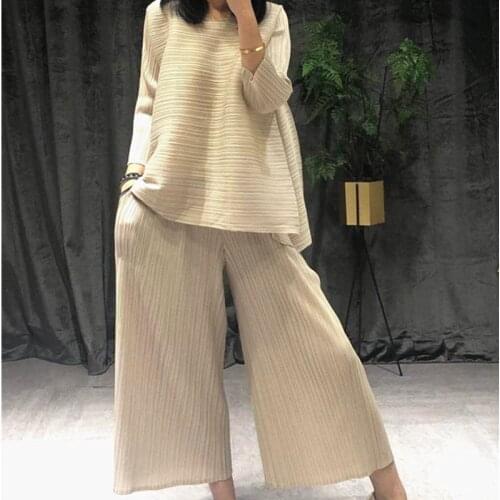 IMucci 2020 Spring New Solid O-neck Three Quarter Coat Loose Ruched Fashion Design Long Pants Multi Color Two-piece TM1617
