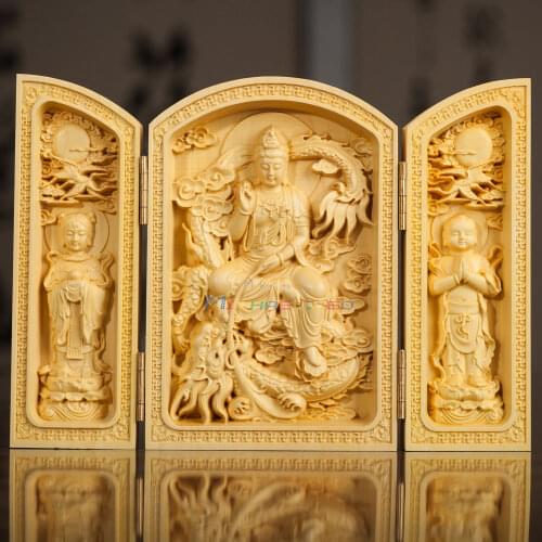 Oriental Ternary Doors Design Boxwood Handwork Carved Sutra Kwan-yin Statue home decorations wooden handicraft