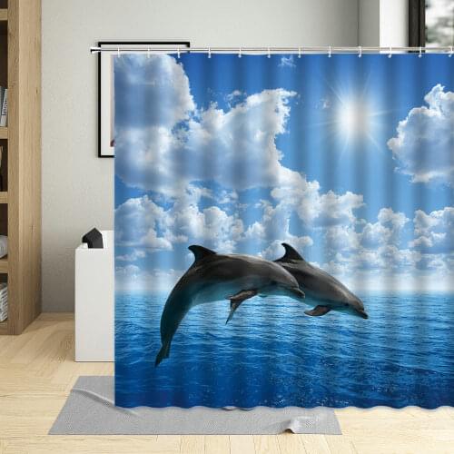 3D Sunlight Ocean Design Dolphin Shower Curtain Animal Whale Printing Waterproof Hanging Curtains With Hooks Bathroom Decor