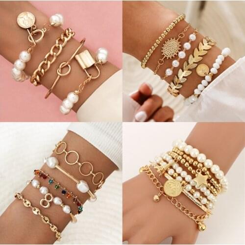 New Punk Gothic Imitation Pearl Bracelet Fashion Sunflower Bow Beaded Womens Bracelet Bracelet 2021 Charm Gold Coin Set