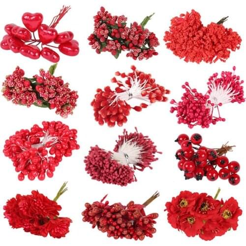 1pc DIY stamen bouquet handmade materials Red plastic Artificial Flower Home Wedding Party Holiday Decoration dropshipping