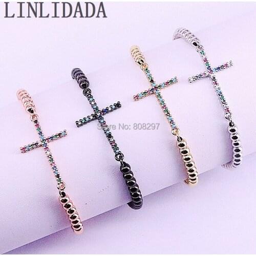 10Pcs Rainbow CZ Micro Pave Cross With 4mm Round Copper Beads Braiding Macrame Adjustable Women Bracelet