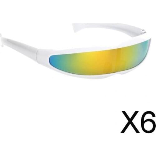 6xFuturistic Narrow Lens Visor Eyewear Sunglasses White Frame Yellow Mirrored