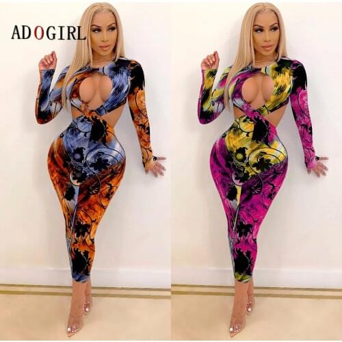 Adogirl Vintage Floral Print Sexy Hollow Out Women Dress Elegant Backless Evening Party Club Long Sleeve Bodycon Dresses Plus Si