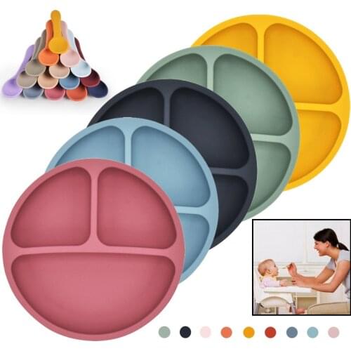 Anti Broken Baby Bowl Plates BPA Free Silicone Dining Plate 3 Grids Children Dishes Training Tableware Kids Feeding Bowl Spoon