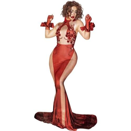 Sleeveless Long Dresses for Women Sparkly Crystal Rhinestone Bodycon Trailing Dress Birthday Celebration Party Outfit Stage Wear