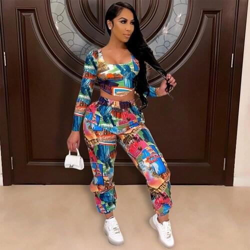 2021 Autumn New Fashion Temperament Printing Long Sleeves Irregular Blouse With Lantern Trousers Two Piece Sets