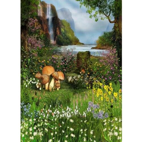 Waterfall River Grassland Mushroom Photography Background Vinyl Cloth Backdrop for Children Baby Portrait Photoshoot Fond Photo