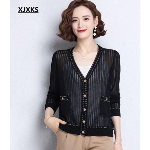XJXKS Fashion V-neck women summer sun protection clothing 2021 new comfortable ultra-thin knitted cardigan women sweater jacket
