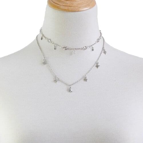 Classic Women Five-pointed Star Necklace Fashion Double Necklace Moon and Star Pendant Charm Gold Silver Color Choker Necklaces