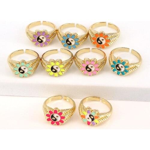 5PCS, Colorful Enamel Sunflower YinYang Rings for Women Trendy Round Geometric Finger Rings