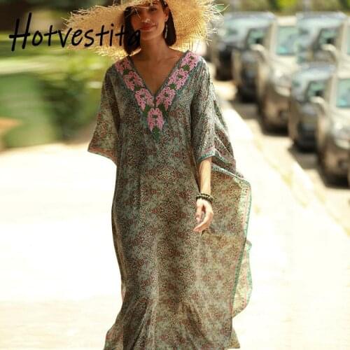 Hotvestita Green Kaftan Beach Maxi Dress Pink Flowers Print 2021Summer Tunic Women V Neck Sarong Beachwrap Loose Bikini Cover Up