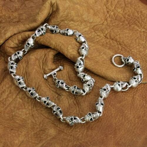 LINSION Huge Skull Necklace 925 Sterling Silver Mens Biker Rock Punk Chain TA264N
