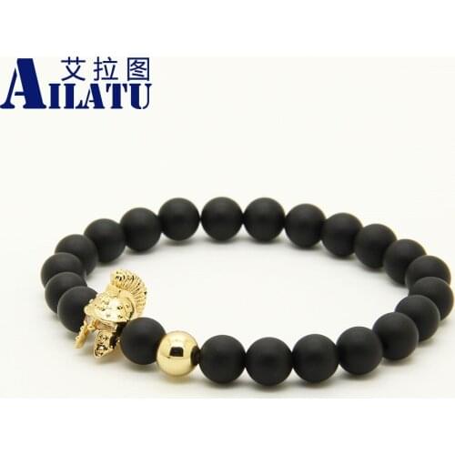 Ailatu Hero Spartan Warrior Zircon Helmet Bracelet 8mm A Grade Matte Stone Mens Jewelry Pulseira Hombres