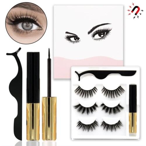 Magnetic Eyelashes 3 Pairs 3D Mink Magnet Eyeliner Set Glue-free Magnet Eyeliner&Tweezers Set Makeup Extension Beauty Tool Kit