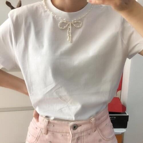 New brand Fashion Pearl Necklace beading bow decoration white t shirt 2020 new top summer Women