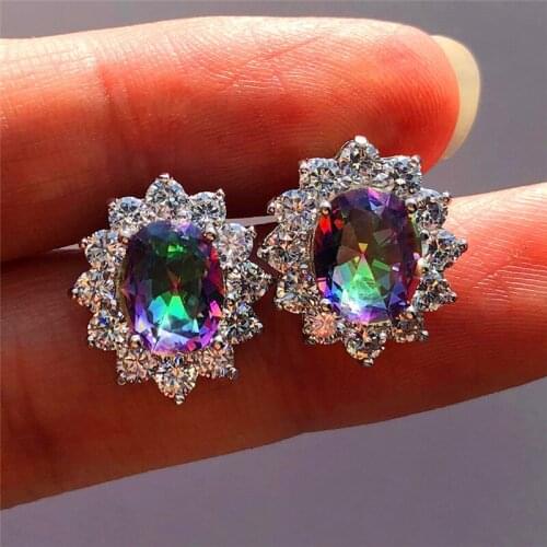 Charm Female Rainbow Zircon Stud Earrings Vintage Silver Color Wedding Jewelry Luxury White Blue Red Earrings For Women