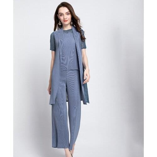 Autumn Women Pleated Fashion Lace Three Pieces Tops Shirts Wide-legged Pants Clothing Sets