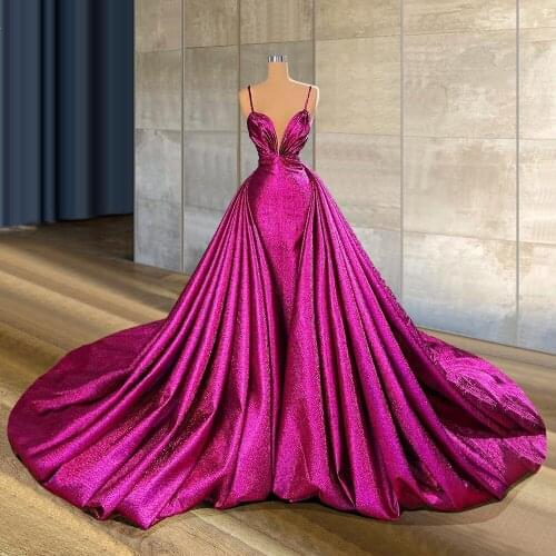 Fuchsia Mermaid Prom Dresses With Detachable Train Spaghetti Neck Overskirt Evening Gowns Party Dress Special Occassion