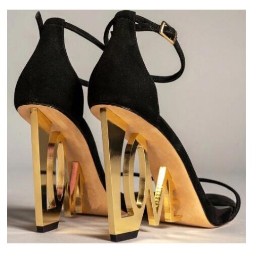 Drop Shipping Strange Style Gold Metal Love Heel Sandals Woman One Line Ankle Strap Sexy Wedge High Heels Party Dress Shoes