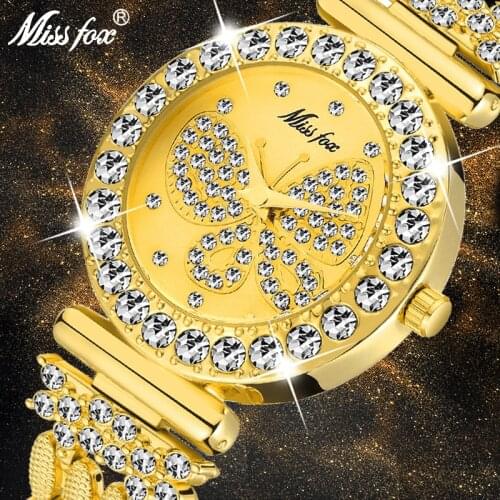MISSFOX Luxury Watch Women Iced Out Butterfly Pearl Shell Big Diamond Bezel Xfcs Japan Quartz Watch Elegant Female Clock 11111