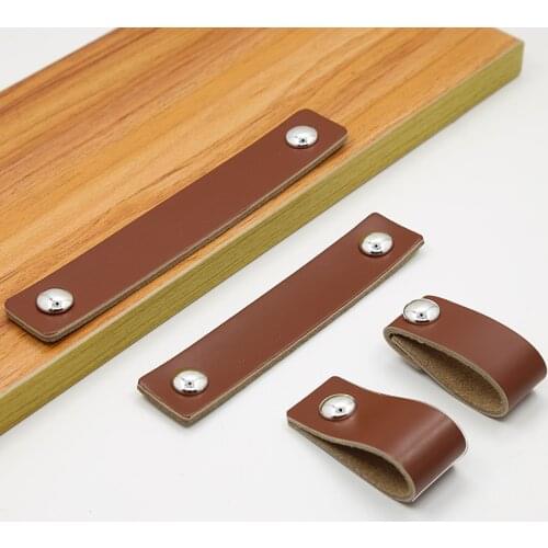 6 pcs Cabinet Handle Pull Brown Leather Knobs Furniture Handle Wardrobe Dresser Knob Suitcase Handles Replacement Accessories