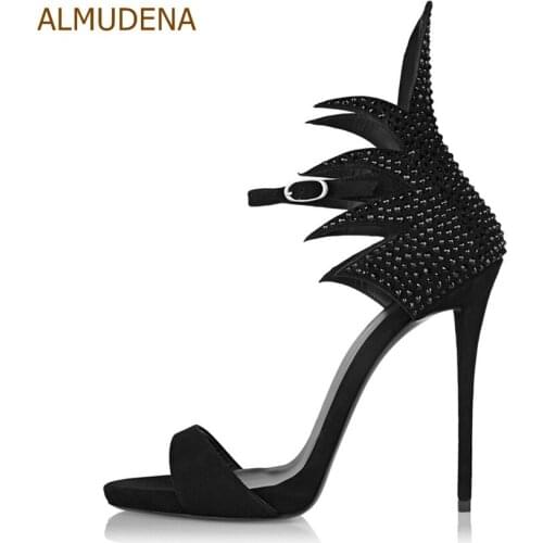 ALMUDENA Luxury Brand Bling Bling Crystal Sandals Beige Black Wing Shape Gladiator Sandals Suede Single Strap Banquet Party Shoe