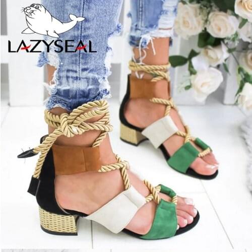 LazySeal Cross-tied Square Heel Women Sandals New Summer Gladiator Sandals Women Heels Shoes Woman Fashion Ladies Wedding Shoes