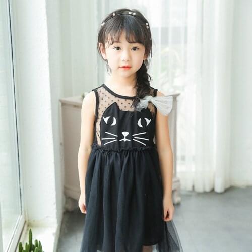 2020 Summer Hot Little Girls Cartoon Cat Vest Dress Childrens Clothing One Piece Baby Kids Mesh Stitching Princess Sundress X34