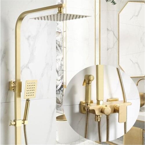 Shower faucet set Brush gold wall mounted shower faucet suit brass water mixer brass support Rainfall shower head and bidet gun