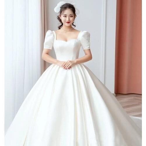 Wedding Dress Pure White Satin Wedding Gowns Puff Sleeve Square Collar Vintage Bride Dresses Custom Made Suknia Slubna