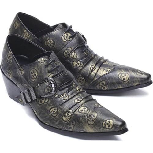 Batzuzhi 6.5 CM Heels Pointed toe Men Dress shoes skull leather formal Business shoes Party/Wedding/Business Leather Footwear