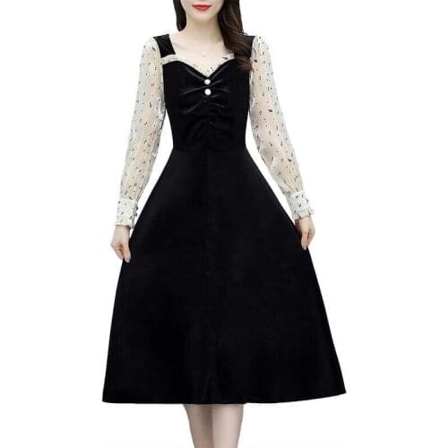 Spring Large Size Retro Women Dresses 2021 New Female Dress Celebrities Vestidos Ladies Stitching Velvet Temperament Dress 4XL