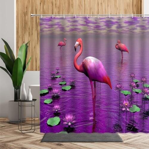 Purple Natural Landscape Bathroom Shower Curtain Flamingo Lotus Lake Bath Curtains Decor 3D Flower Birds Scenery Home Decoration