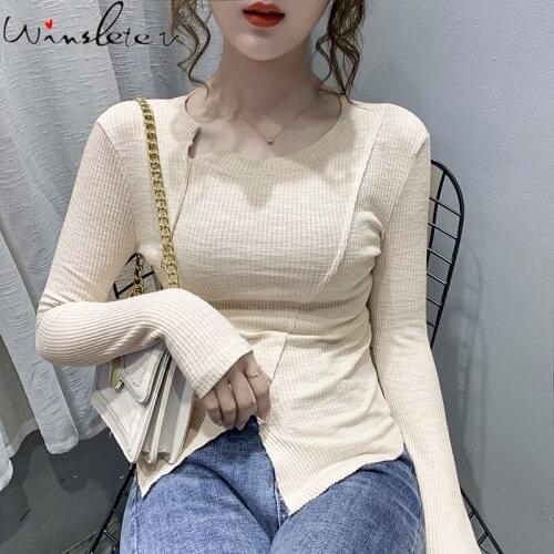 Spring Fall European Clothes Solid T-Shirt Fashion Sexy Split Irregularity Women Tops Long Sleeve All Match Tees 2021 T17805A