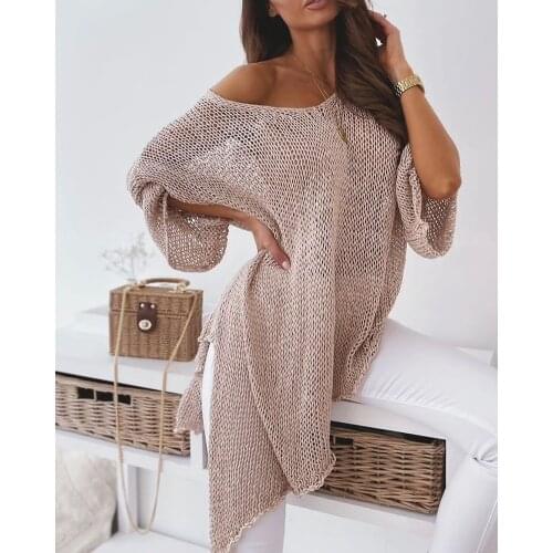 Trendy Solid Color V-Neck Drop Shoulder Split Hem Open Knit Sweater Casual Oversized Sweater Womens Pullover Tops