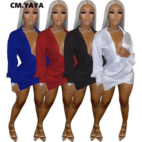 CM.YAYA Solid Women Long Sleeve Deep V-neck Midi Mini Dress Sexy Blouses Style Ruched Above knee Dresses Outfits