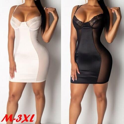 IMCUTE Women Sleeveless Bodycon Sexy Dress Club Short Mini Dress Lace V Neck See Through Nightdress Black White Femme Les robe