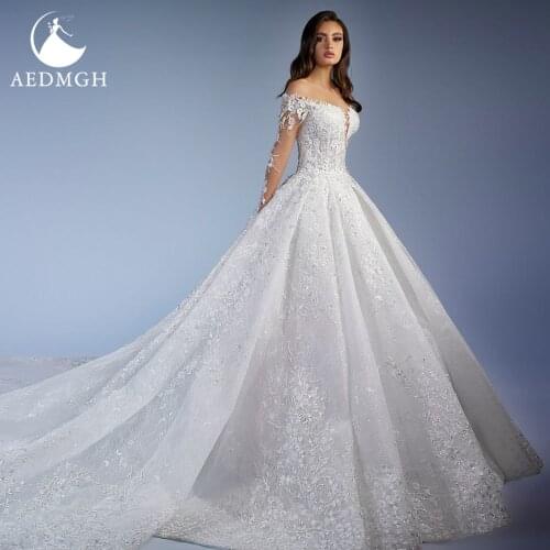 Aedmgh Ball Gown Wedding Dresses 2021 Sweetheart Long Sleeve Vestido De Novia Lace Appliques Backless Court Train Bridal Gown