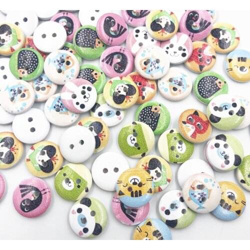 100pcs white 2 Hole Mixed Animal Cartoon Round Wood Buttons Home Sewing Scrapbooking Decor Clothing 15mm WB757