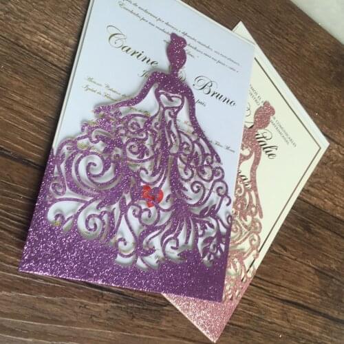 25pc Laser Cut glitters paper princess Birthday Invitations Card,girl Wedding Invitation Card,glitter colors hot pink shiny one