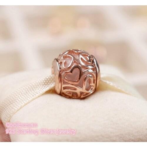 Mother Day 925 Sterling Silver Hearts Filigree Charm, Rose gold colour & Clear CZ Beads Fit Original Pandora Charms Bracelet