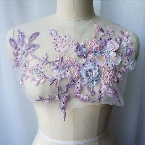 Purple 3D Flower Lace Fabric Beads Rhinestone Embroidered Gown Appliques Collar Mesh Sew Patch For Wedding Decoration Dress DIY