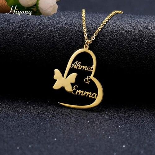 HIYONG Stainless Steel Customized Neckalce Custom Double Name Neckalce Personalized Butterfly Shape Pendant Letter Jewelry Gift