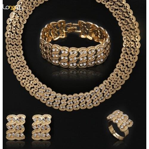 New African gold-color Austrian crystal floral jewelry set, set in African dubai womens wedding jewelry necklace earrings